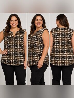 Como Black Womens XL Houndstooth Blouse Brown Black Rhinestone Neck NWT